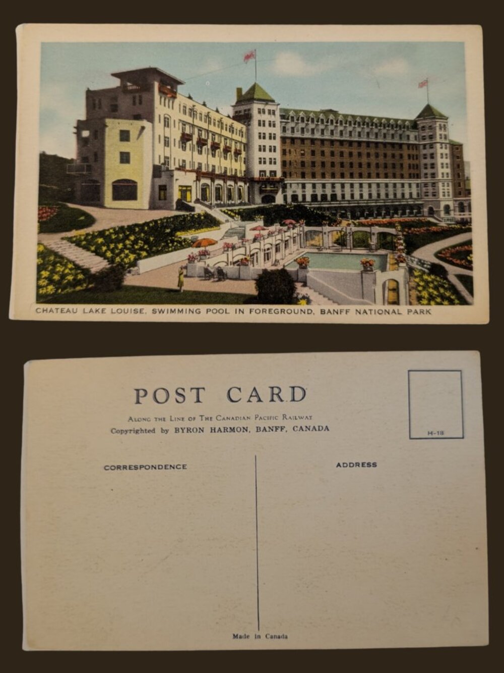 10/$25 Vintage Blank Byron Harmon Chateau Lake Louise Pool Banff Linen Postcard